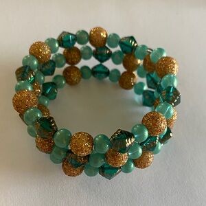 Gold and Teal glass & sparkly Beaded Coil Bracelet - Women Jewelry